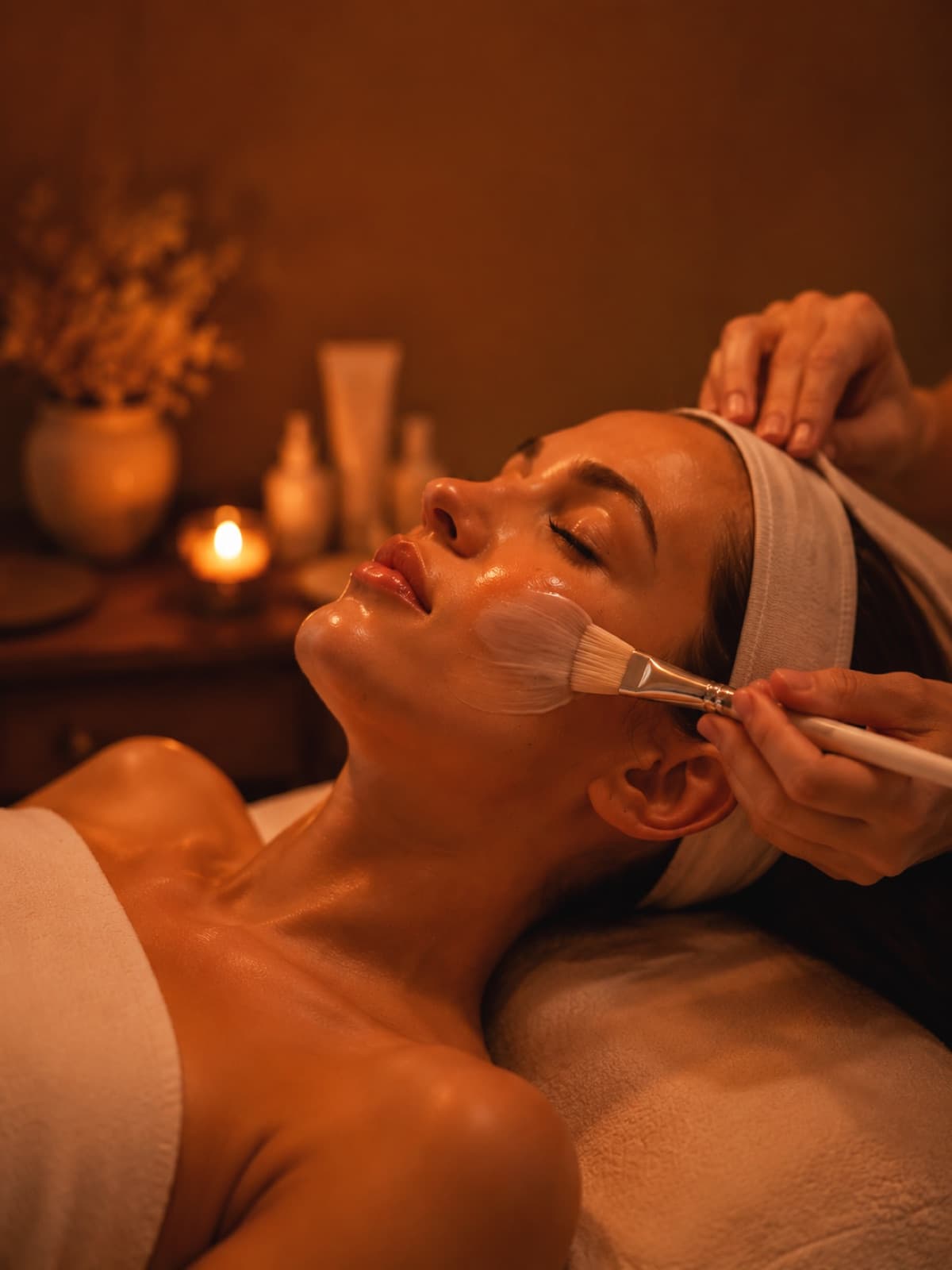 Close-up of a head spa therapist's gloved hands massaging cleansing foam into a reclining client's scalp at the wash basin, viewed from behind the crown